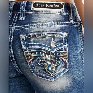 Rock Revival Blue Jeans with Multicolor Stitching